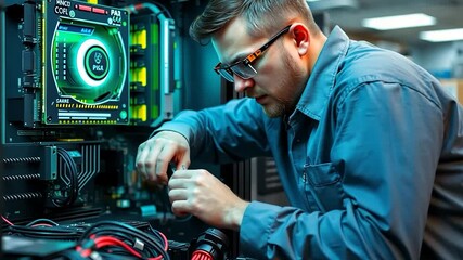 Innovative technician meticulously repairing an advanced computer system
