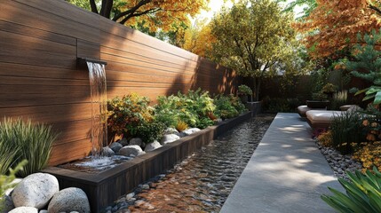 Obraz premium Warm-toned wooden fence with integrated water feature enhances natural outdoor space