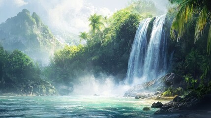 Serene tropical waterfall cascading into turquoise water, lush green vegetation, misty ambiance.