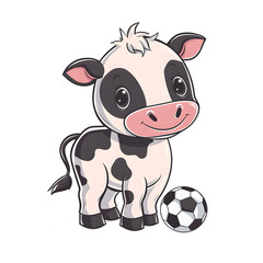 Naklejka premium Kawaii Kuh mit Fußball im Cartoon-Stil