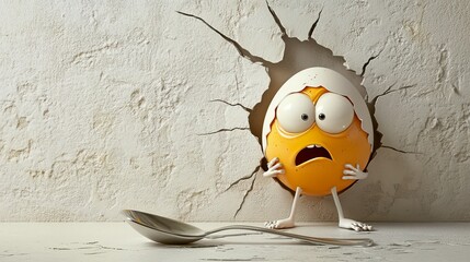 Cracking Egg Head with Spoon on White Background
