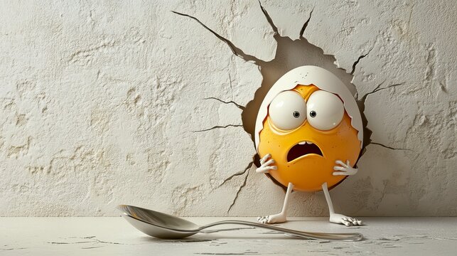 Cracking Egg Head with Spoon on White Background
