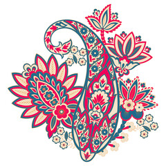 Turkish Cucumber Paisley. Vector pattern in traditional oriental style with flowers, leaves and fantasy elements.