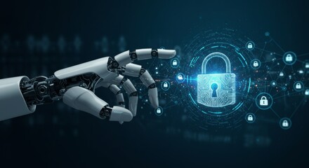Futuristic Robotic Hand Touching Digital Padlock Interface with Glowing Circuit Design, Cybersecurity Concept Visualization in Deep Blue Technology Background, AI Protection System for Data Security