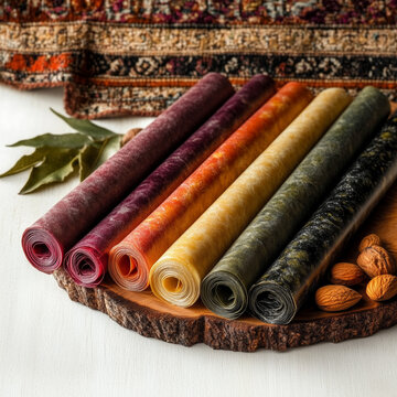  Traditional Georgian tklapi fruit leather rolls on a wooden plate
