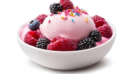 A Bowl of Pink Ice Cream with Sprinkles and Berries on a White Isolated Background. Generative AI