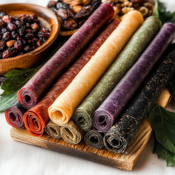  Traditional Georgian tklapi fruit leather rolls on a wooden plate