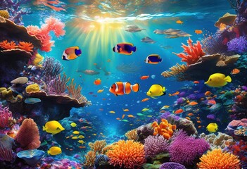 Obraz premium underwater vivid ecosystems teeming diverse marine life captured stunning detail, ocean, sea, coral, reef, fish, aquatic, habitat, beauty, organism