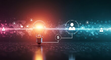 Illuminating Business Innovation: Glowing Light Bulb Connected to Digital Network with Business Icons and Currency Symbol Against Gradient Background of Pink and Blue Technology Visualization