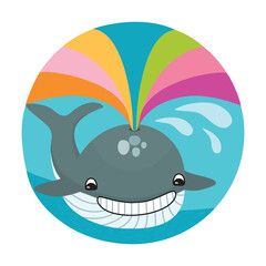 Cartoon whale with a rainbow fountain. Round shape with colorfull marine animal. Print on fabric and paper. Vector design for use in card, banner template,poster,invitation. Flat color illustration.
