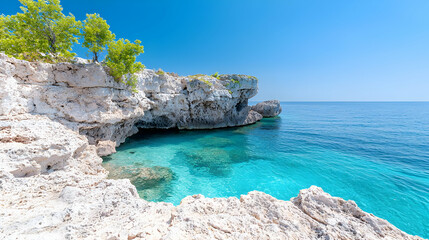 Fototapeta premium Secluded cove, turquoise water, rocky cliffs, sunny day, travel postcard (1)