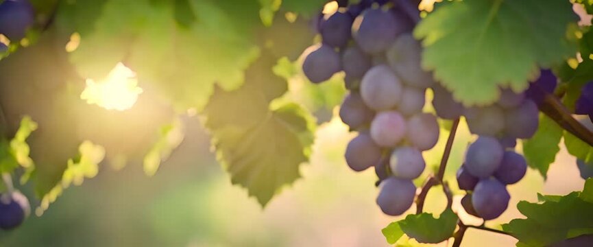 Fresh grapes depend on fertile trees basking under a golden sun with lush green leaves swaying gently in the breeze 4K