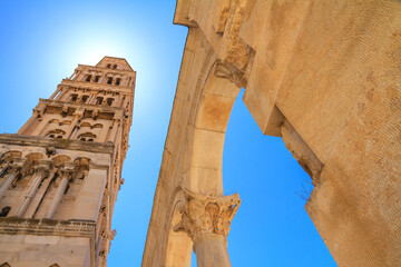Cityscape - view of the bell tower of the Cathedral of Saint Domnius near the Palace of Diocletian in the Old Town of Split, the Adriatic coast of Croatia