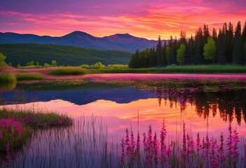 Fototapeta premium serene tranquil dusk landscape bright color contrasts sky earth capturing beauty twilight, colors, gradient, horizon, evening, reflection, shadow, scenery