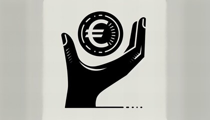 Black and white illustration of a hand holding a euro coin, symbolizing finance, savings and economic concepts in a minimalist style.
