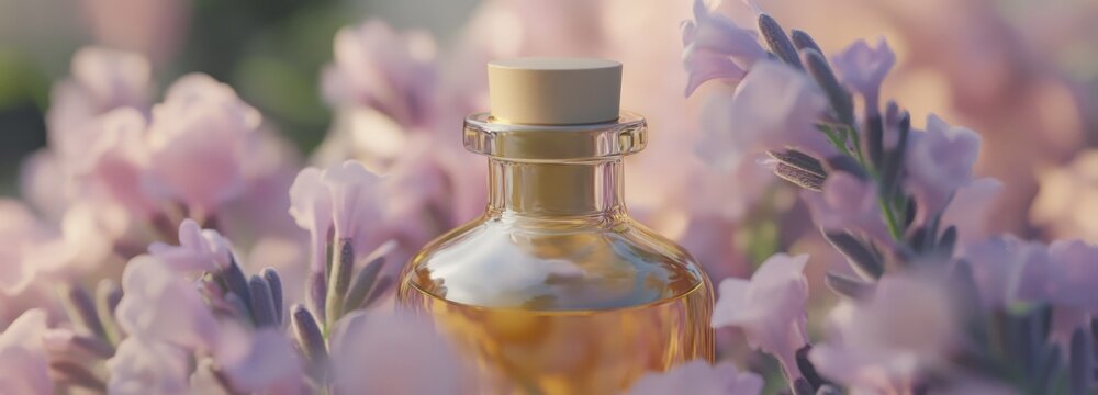 Close-up of lavender oil bottle amid blooming lavender petals in high detail