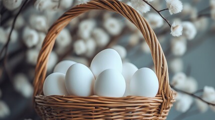 Basket of White Eggs on White Background
