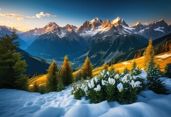majestic sunrise over vibrant alpine landscape lush snow capped peaks glowing sky, beauty, blossom, bright, countryside, dreamy, expanse, exploration, idyllic