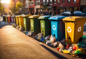 vibrant recycling bins filled brightly colored materials showcasing eco friendly initiative community engagement everyday urban life, art, bottles
