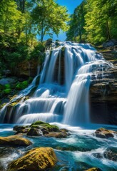 Obraz premium cinematic scene capturing vibrant waterfall dynamic flowing currents surrounded lush greenery bright blue skies, aqua, cascade, clarity, clouds