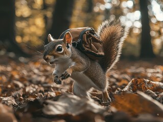 Obraz premium Adventurous squirrel wearing a tiny backpack in the forest