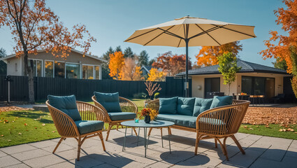comfortable rattan furniture, party area near country house, autumn