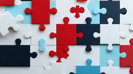 Red, White, and Blue Puzzle Pieces Interlocking: A 3D Rendered Design AI Generated