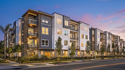 Modern apartment complex at twilight.