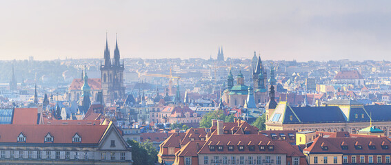 Summer cityscape, panorama, banner - top view of the Old Town (Stare Mesto) of Prague, Czech...