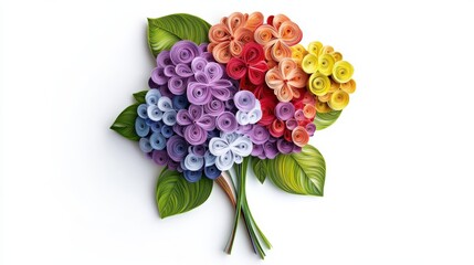 Elegant multi-colored quilled hydrangea bouquet on white background