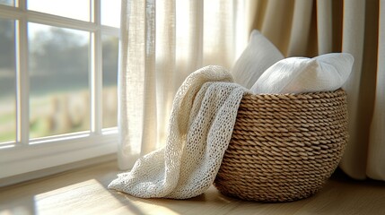 Woven Basket with Throws by Window, Sunlight, Cozy Interior