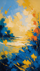 Beautiful Nature Scene in Oil Painting with Vibrant Blue and Yellow Captured with Bold and Large Brush Strokes that Define the Outdoor Landscape classic traditional art for wallpaper