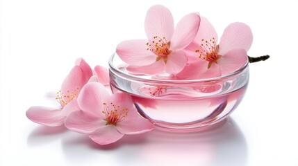 Pink Blossom Flowers Floating in Clear Water Bowl on White Background Isolated. Generative AI