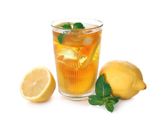 Glass of tasty cold ice tea with lemons and mint leaves on white background, closeup