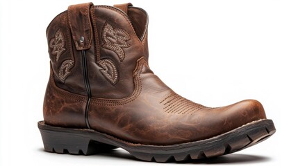 Brown Leather Cowboy Boots with Intricate Stitching Design Isolated on White. Generative AI
