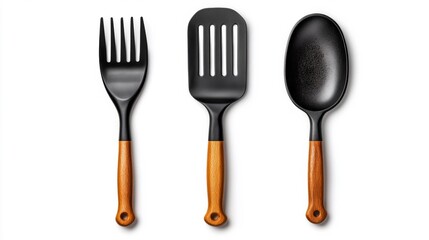Fototapeta premium A set of black cooking utensils with wooden handles isolated on a white background. Generative AI