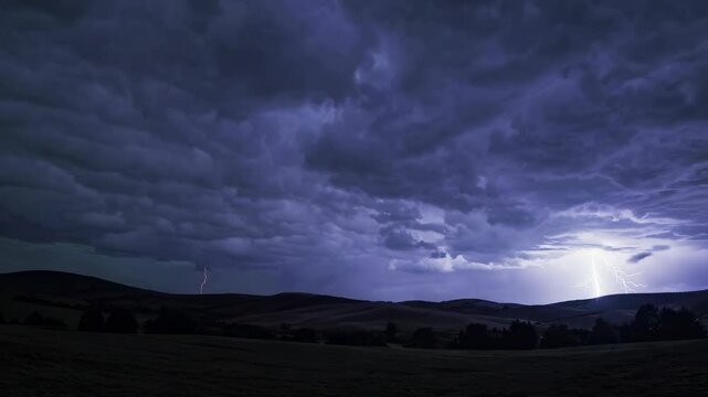 A dramatic wide-angle video shot captures a stormy night sky with vivid lightning bolts illuminating dark clouds over rolling hills.