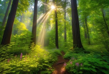 Fototapeta premium majestic forest scene featuring vibrant foliage soft sunlight through lush canopy captivating nature imagery, breathtaking, greenery, landscape, wildlife