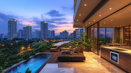 Obraz premium Rooftop pool deck with city view at sunset