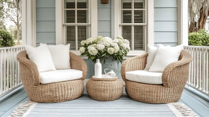 Cozy wicker patio set on light blue porch