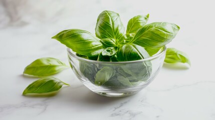 Fototapeta premium Fresh basil leaves in a glass bowl on a white marble surface with soft daylight