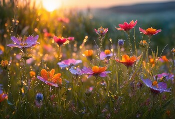 Obraz premium dew kissed wildflowers dawn captured stunning close showcasing vibrant colors intricate details beauty, bloom, blossom, petal, garden, greenery, nature
