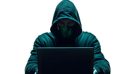 anonymous hacker in hoodie and mask that hides his face works at laptop. png isolated on transparent background. Post-processed generative AI