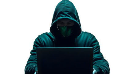 anonymous hacker in hoodie and mask that hides his face works at laptop. png isolated on transparent background. Post-processed generative AI