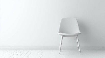 Minimalist chair positioned in a bright, modern white room with studio lighting