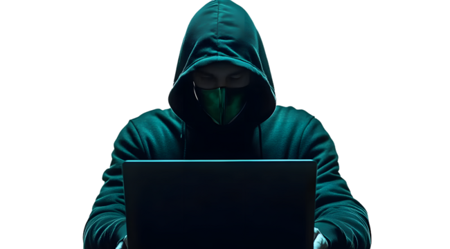 anonymous hacker in hoodie and mask that hides his face works at laptop. png isolated on transparent background. Post-processed generative AI