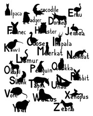 Illustration of silhouette English alphabet with animals in black color on white background 