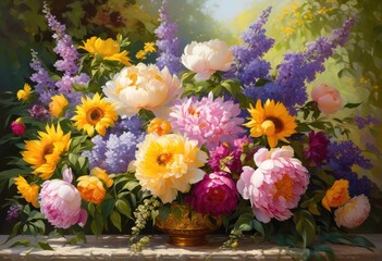 Obraz premium stunning vibrant floral arrangements showcased natural daylight settings lush greenery bright colors, bloom, bouquet, blossom, beauty, charm, centerpiece, decoration