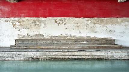 Rustic wooden steps by water feature, red and white wall