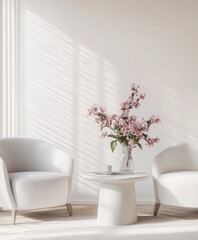 White living room,  pink flowers,  sunlight streaming,  relaxing atmosphere.  Possible use  interior design